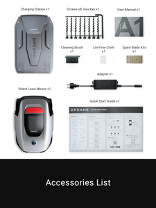Accessories for Dreame Roboticmower A1 including charging station and cleaning tools.