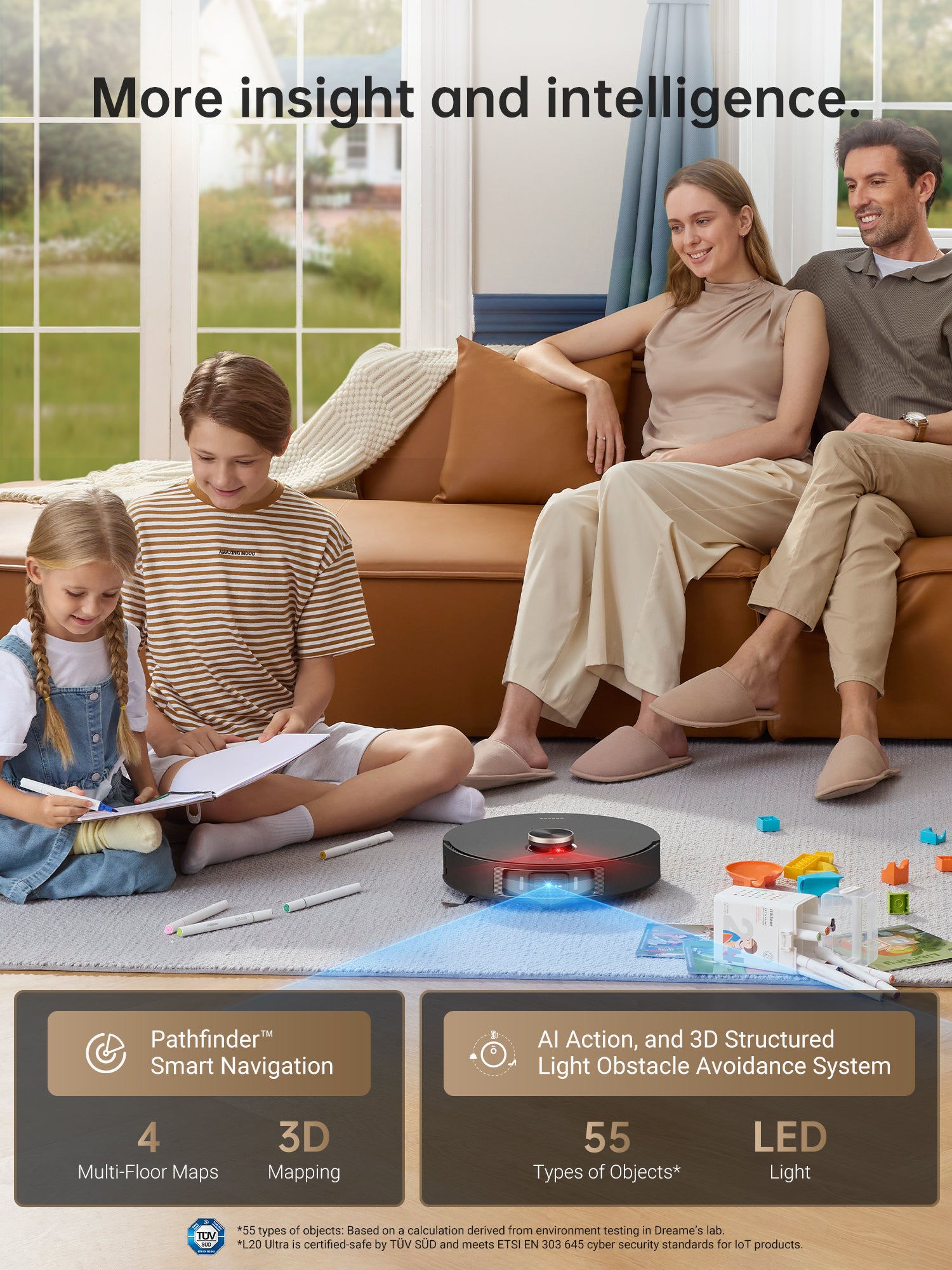 Family enjoying time together with Dreame L20 Ultra vacuum in the living room