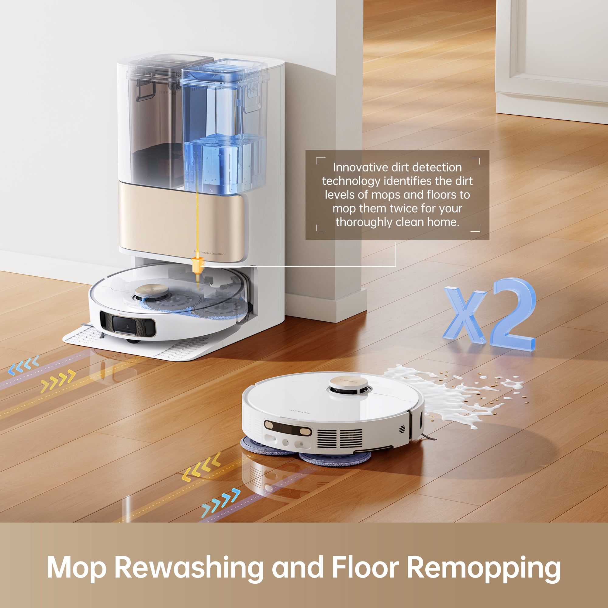 Dreame L10s Pro Ultra Robot Vacuum with dirt detection and dual mopping feature on wooden floor.